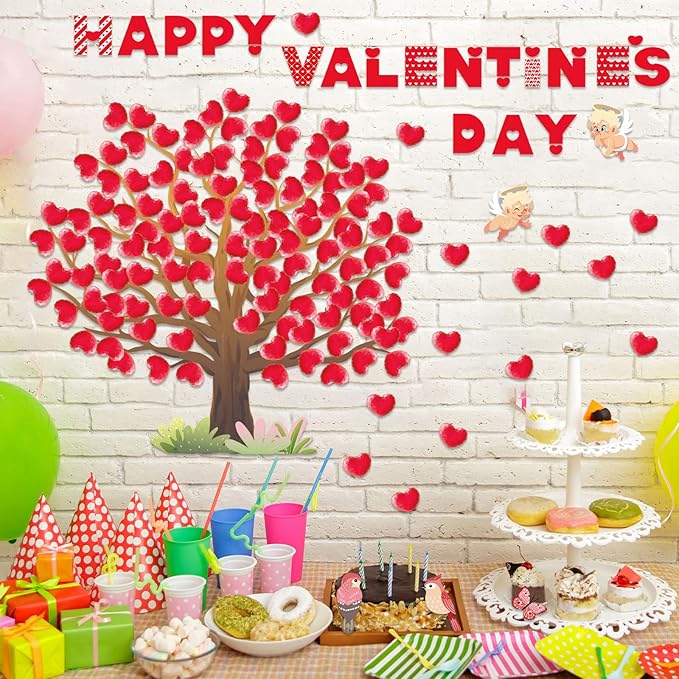 Pajean Valentines Bulletin Board Decorations Valentine Day Tree Bulletin Board Set Heart Bird Angel Classroom Tree Stickers Heart Wall Background Banner Door Decor (Cute Style)