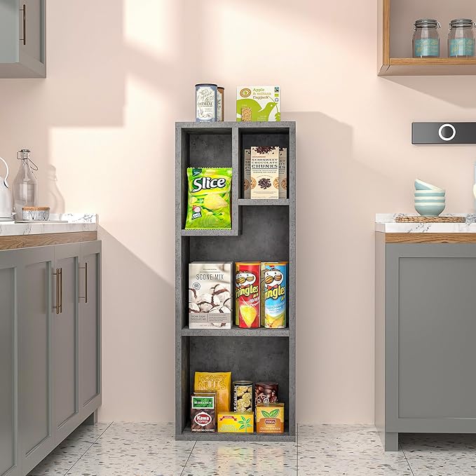 VECELO Small Bookshelf, 4 Cube Slim Bookcase, Fits Tallest Hardcovers, Horizontal Available, Modern Floor Standing Unit, Each Shelf Hold Up to 66 LBS,Gray