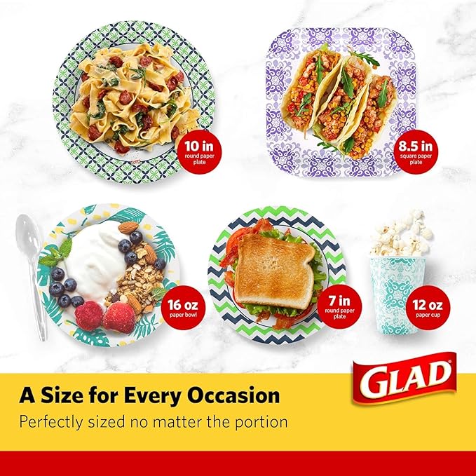 Glad Round Disposable Paper Bowls, Green Victorian Design - Heavy Duty, Soak Proof, Cut-Resistant, Microwavable Bowl for All Foods & Daily Use, 16 Oz, 15 Count - 2 Pack