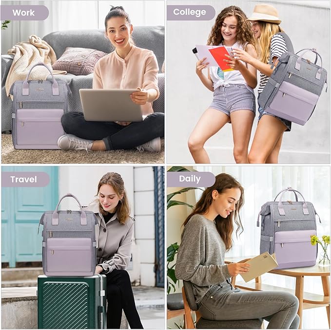 LOVEVOOK Laptop Backpack for Women, 17 Inch Work Teacher Nurse Bag, Large Capacity Business Computer Backpack Purse with USB Port, Stylish Casual Daypack for Travel,Grey&Light Purple