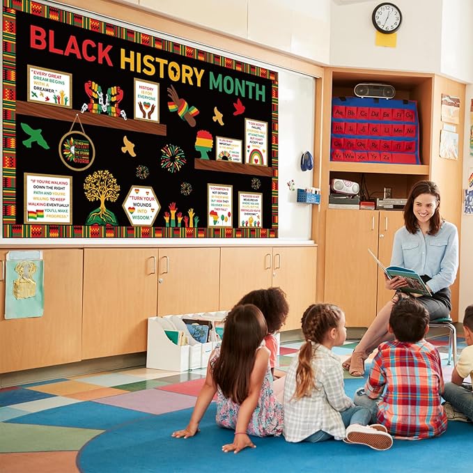 Black History Month Bookshelf Bulletin Board Decorations Set Black Inspirational Cutouts with Bulletin Border African American Motivational Classroom Decorations for Chalkboard Wall Door Home Office