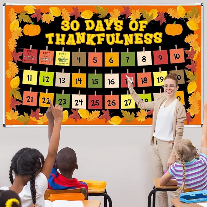 Thanksgiving Bulletin Board Set Fall Classroom Decorations Autumn Paper Cutouts 30 Days of Thankfulness Bulletin Board Maple Leaves Cutout for School Classroom Home Office Wall Door Decor Supplies