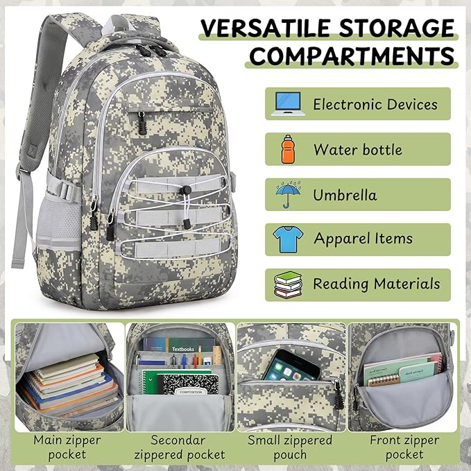 School Backpacks for Boys - 4pcs Camo Boys Backpacks with Lunch Box Set for Kids Teens Elementary Middle School, 18″ Large Capacity Students Bookbag, Perfect for Travel