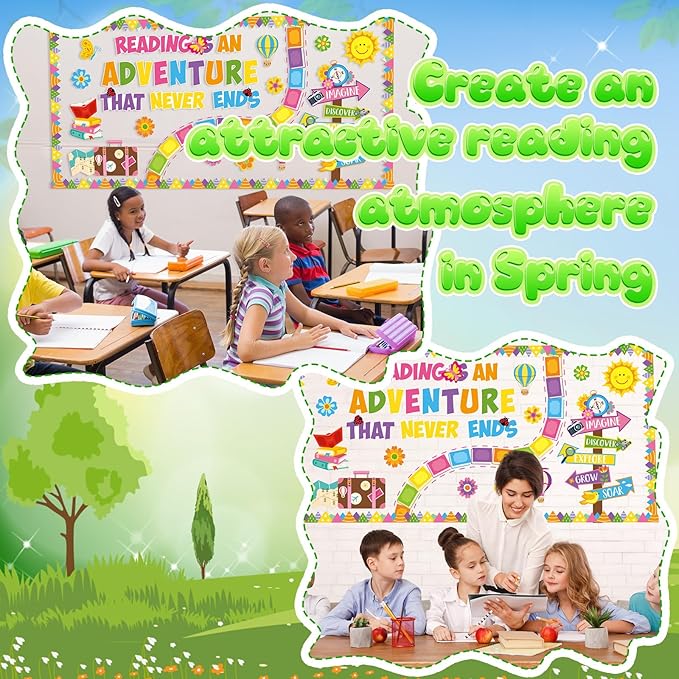 Honoson 55 Pcs Spring Reading Bulletin Board Set Reading is an Adventure Bulletin Boards Colorful Floral Cutouts Decors for Spring Back to School Library Home Chalkboard Wall Decoration (Book)