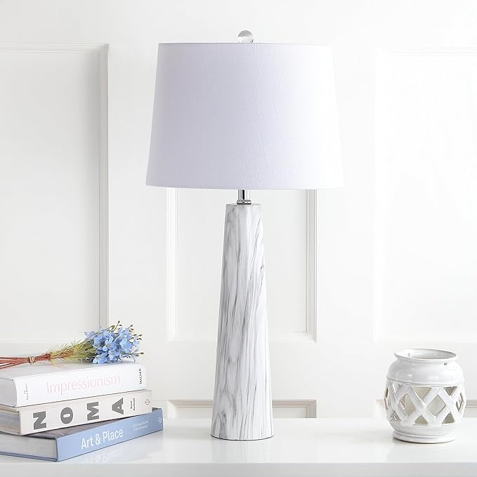 JONATHAN Y 29" White/Black Faux Marble Resin Table Lamp, Modern Glam Bedside Nightstand Lamp for Living Room, White Linen Drum Shade, UL Listed, LED Bulb Included JYL1002A