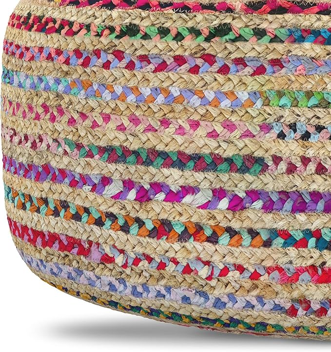 SIMPLIHOME Margo Large Round Pouf - 30 inch Wide Handwoven Jute and Cotton Braided Ottoman in Multi-Color, Boho Footstool or Extra Seating for Living Room or Bedroom with Swirl Pattern, Assembled