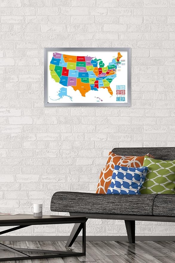 Trends International Map - United States Of America 2022 Wall Poster, 14.725" x 22.375", Silver Framed Version