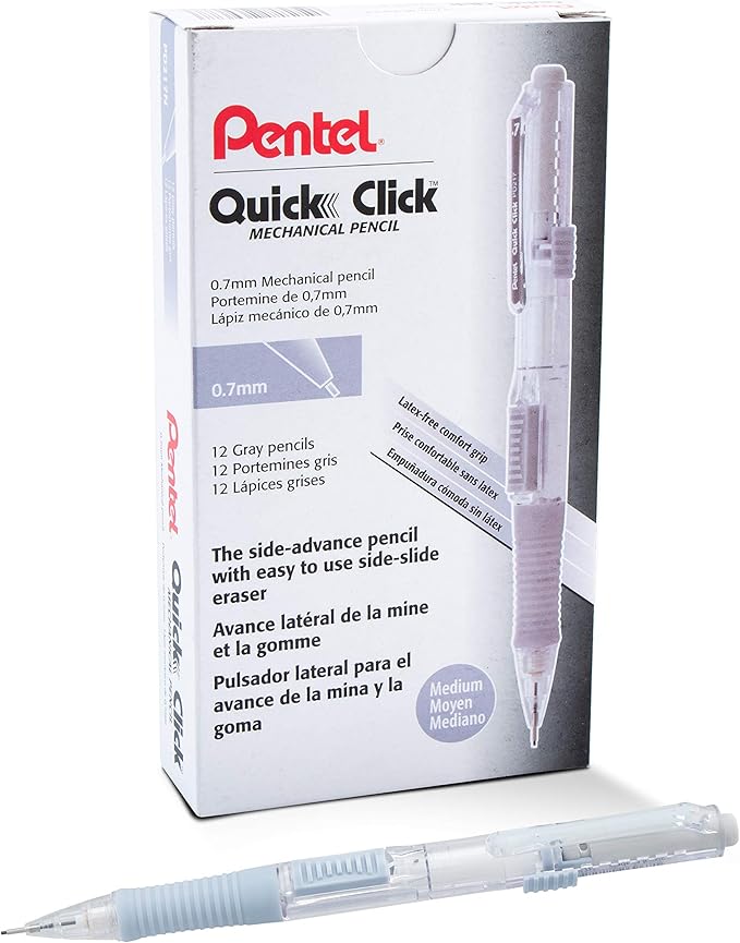 Pentel Quick Click Mechanical Pencil, (0.7mm), Medium, Gray Barrel, Box of 12 Pencils (PD217N)
