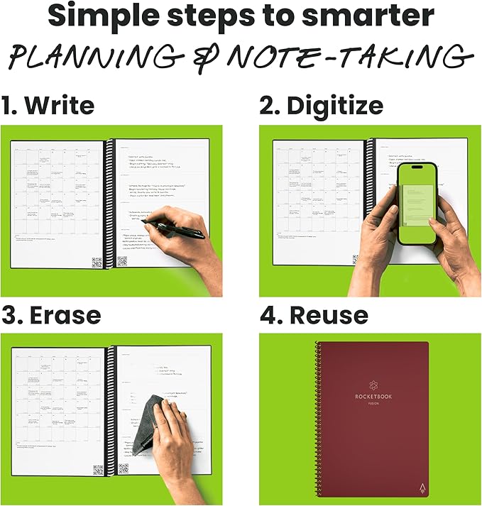 Rocketbook Fusion Reusable Undated Productivity Planner, Letter Size 8.5x11, Maroon - Goals, Monthly and Weekly Calendar, Daily To-do List, Lined and Dotted Notes Pages