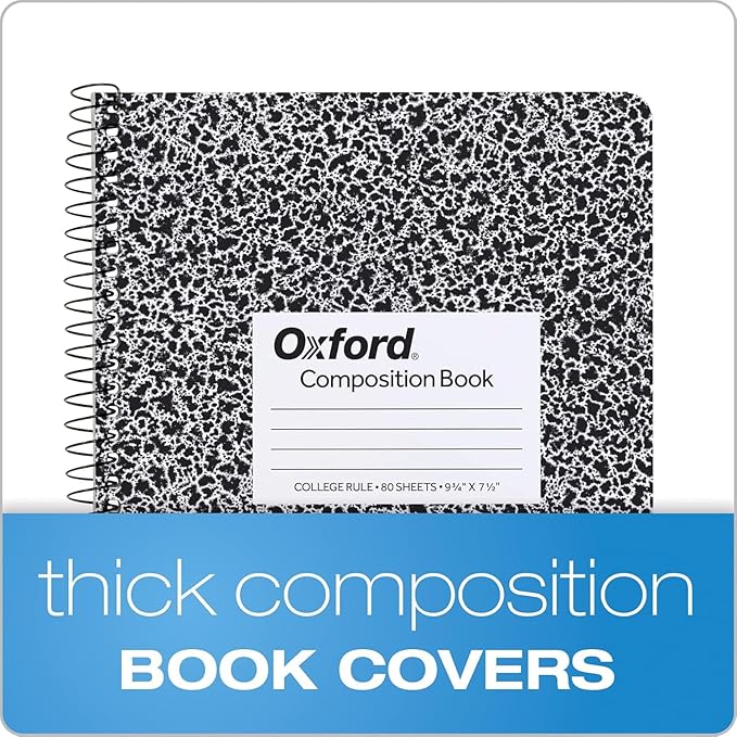 Oxford Spiral Composition Notebooks, 4 Pack, College Ruled Paper, 9-3/4 x 7-1/2 Inches, 80 Sheets, Black Marble Cover (64951)