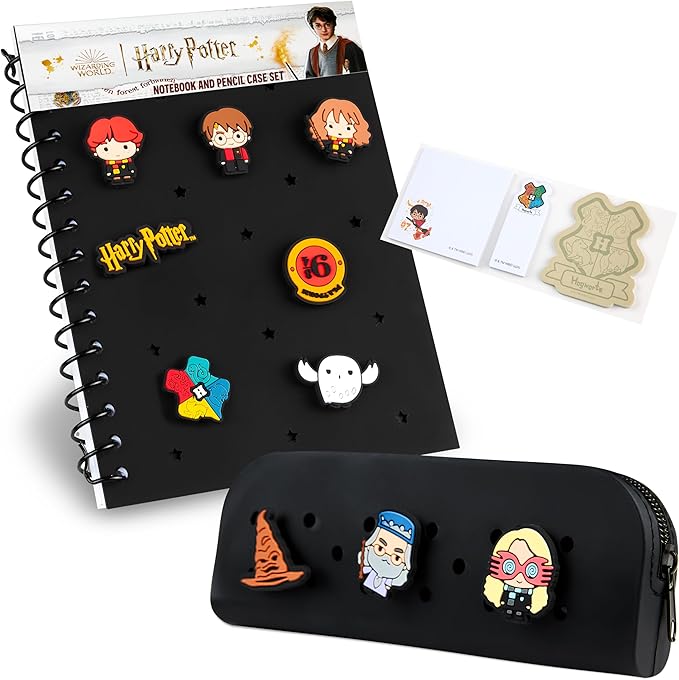 Harry Potter Gifts A5 Customizable Notebook and Zipped Pencil Case Kids Stationery Set with Character Chibi Pins Sticky Notes Hogwarts