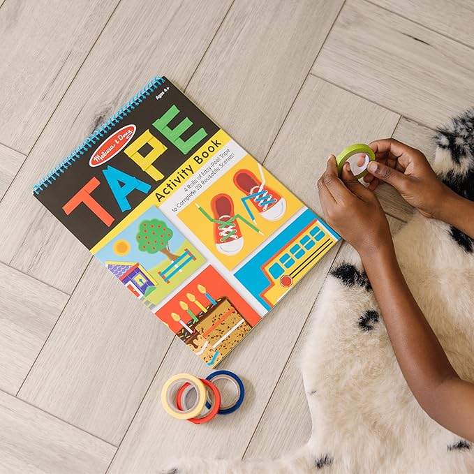 Melissa & Doug Tape Activity Book for Kids with 4 Easy-Tear Tape Rolls (Blue, Green, Red, Yellow) & 20 Reusable Scenes on Spiral-Bound Sheets, Road Trip Activities & Travel Toys for Kids Ages 4+