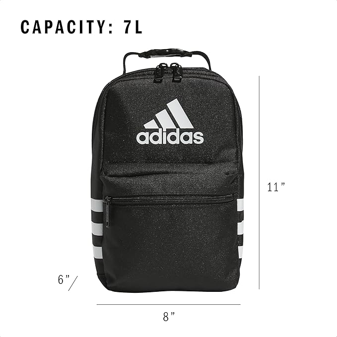 adidas Santiago Lunch Bag Cooler for Women and Men, Insulated Food Container Box with Mesh Pocket, Black/White, One Size