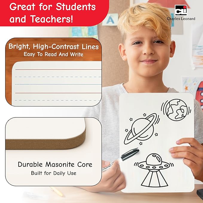 Charles Leonard Dry Erase Board Classroom Pack - Mini Lapboard School Supplies – Set of 12 Two-Sided Plain/Lined Dry Erasable White Boards, 9x12 Inches (35120)