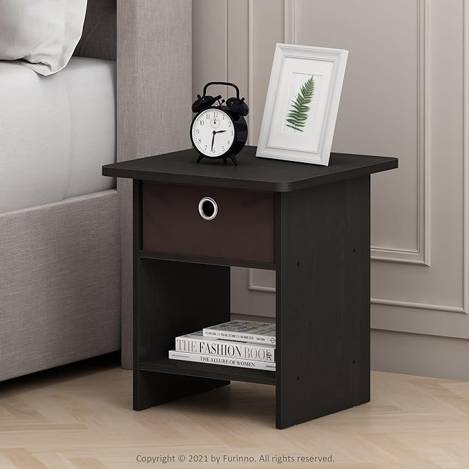 Furinno Dario End Table / Side Table / Night Stand / Bedside Table with Bin Drawer, 2-Pack, Espresso/Brown