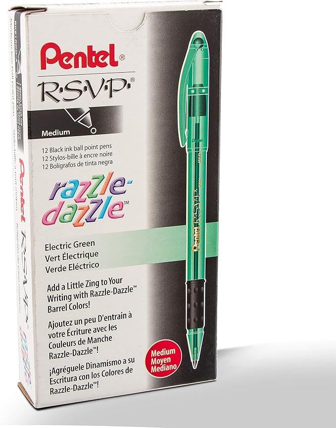Pentel RSVP Razzle-Dazzle Ballpoint Pen, (1.0mm) Medium Line, Green Barrel, Black Ink, Box of 12 (BK91RDD-A)