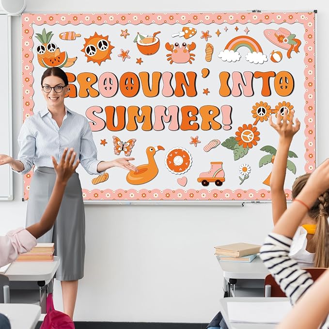gisgfim Groovy Summer Bulletin Board Decoration Set Classroom Retro Tropical Hawaiian Cutouts Paper Borders for Summer Beach Pool Bulletin Board School Craft Home Wall(Groovin’ Into Summer)