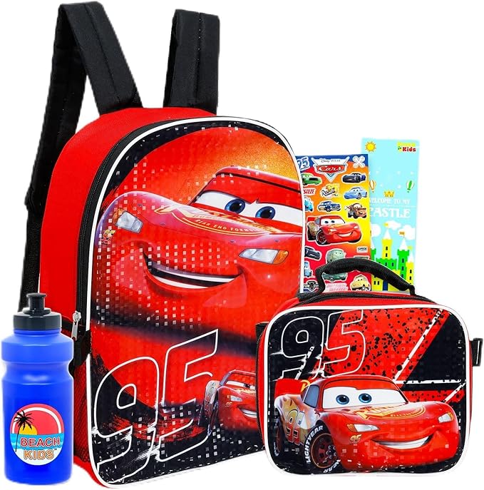 Disney Cars Backpack with Lunch Box Set - Bundle with 16'' Lightning McQueen Backpack, Lunch Bag, Water Bottle, Stickers, More | Disney Cars School Bag for Boys, Kids