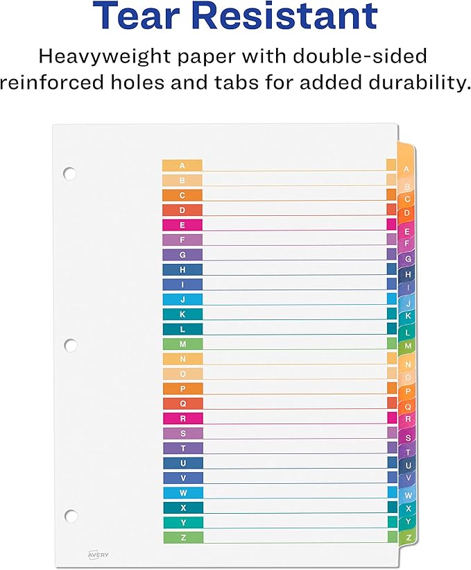 Avery A-Z Dividers for 3 Ring Binders, 26 Tabs per Set, Customizable Table of Contents, Multicolor Tabs, Great for Organizing Reports, Projects, and More (3 Sets of 44225)