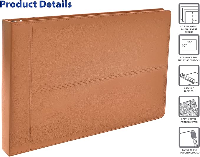 GOLD SEAL 7 Ring Executive Check Binder with Zipper Pouch, Padded Textured Premium Leatherette Cover, for 9" x 13" 3 Per Page Business Checks, 600 Check Capacity Checkbook Holder (Tan)
