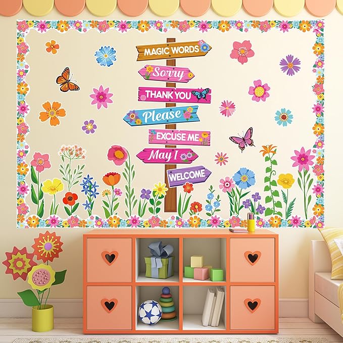 Epakh Spring Bulletin Board Decorations Set Spring Flowers Classroom Decor Flower Butterfly Accents Signpost Paper Cutouts for Door Wall Butterfly Floral Theme Party Supplies