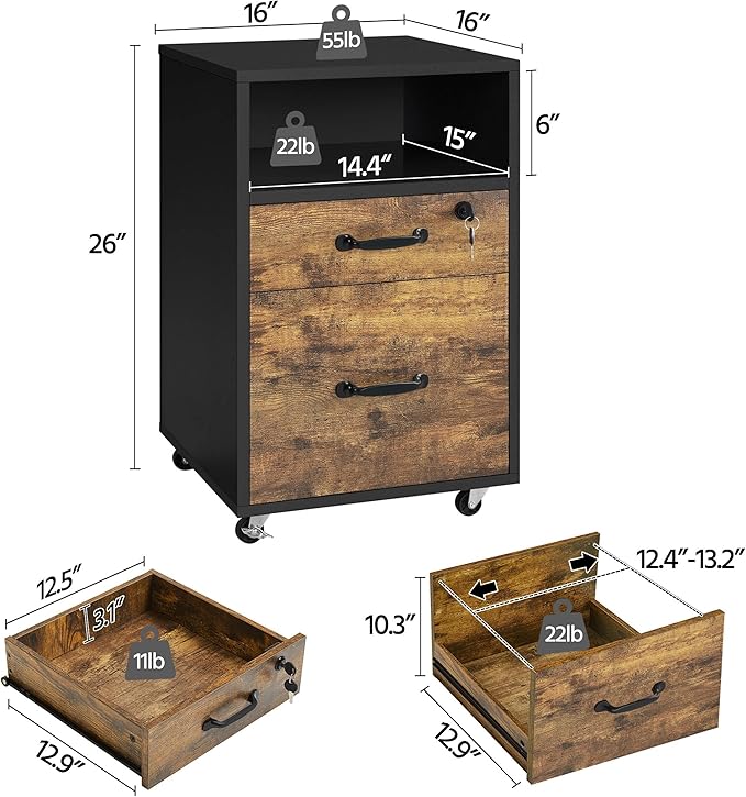 Yaheetech File Cabinet, Under Desk Vertical Cabinet With 2 Drawers and Open Compartment, Printer Stand with Lockable Wheels for A4 Letter Size Hangable File Folders for Home Office(Black/Rustic Brown)