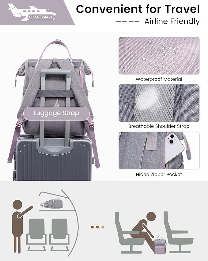 LOVEVOOK Laptop Backpack for Women, 17 Inch Work Teacher Nurse Bag, Large Capacity Business Computer Backpack Purse with USB Port, Stylish Casual Daypack for Travel,Grey&Light Purple