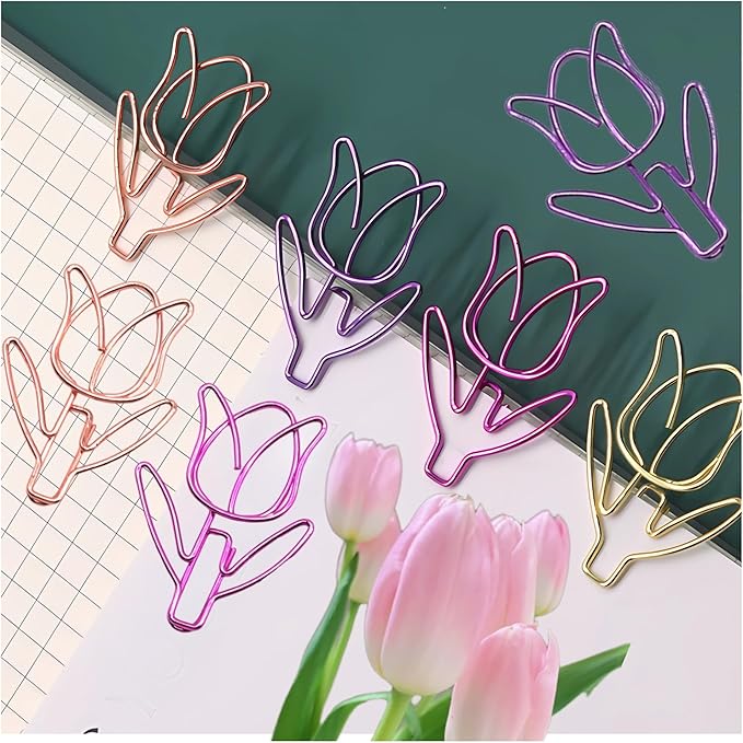80 Pcs Cute Paper Clips Set with Box, Flower Shaped Paperclips for File Organization, School, Home Office and Wedding Decor(Purple, Pink, Gold, Rose Gold) (Tulip Flower, 80)