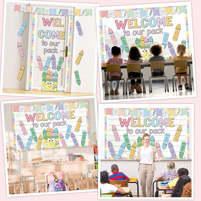 Pastel Welcome to Our Pack Bulletin Board Decoration Crayons Back to School Board Set Notebook Crayon Theme Paper Cutouts Welcome Classroom Supplies for School Office Chalkboard Walls Door Decor