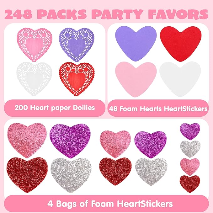 JOYIN Valentine Day 248 Pcs Heart Doilies Craft Gift Set with 200 Packs Heart Paper Doilies 48 Pcs Foam Crafts and 4 Bags of Glitter Foam Stickers for Valentine's Day Party Tableware Decoration