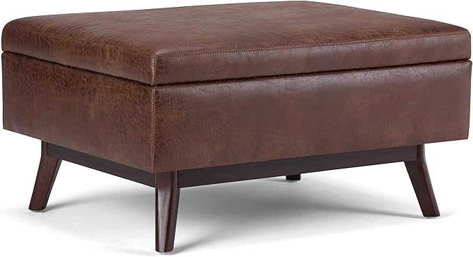 SIMPLIHOME Owen Coffee Table Storage Ottoman - 34 inch Wide Upholstered Vegan Leather Rectangular Lift-Top Ottoman in Distressed Saddle Brown, Mid-Century Bench for Living Room with Tapered Legs