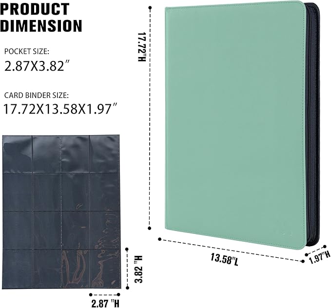 Card Binder 16 Pocket,Trading Card Binder Holds up to 1408 Cards with 44 Sleeves,Zipper Card Holder Album Compatible with TCG Card/Game Cards/Sports Card-Light green
