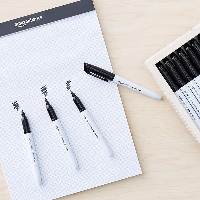 Amazon Basics Fine Tip Permanent Markers for Writing, Drawing, Quick Drying, Office, School, and Home Use, Black, 12 Pack