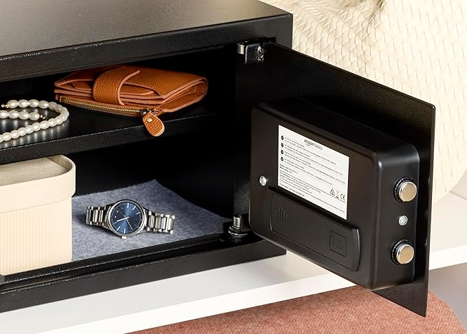 Amazon Basics Steel Security Safe and Lock Box with Electronic Keypad, Secure Documents Storage, Black, 0.5 Cubic Feet, 13.8" W x 9.8" D x 9.8" H, Removable Shelf