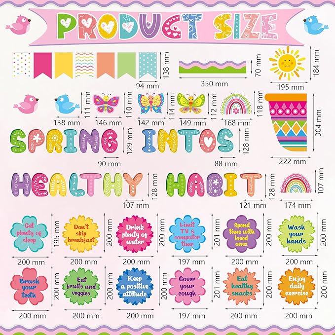 Honoson 74 Pcs Spring Bulletin Board Decorations Set Spring into Healthy Habits Paper Cutouts Colorful Flower Butterfly Birds Sunshine Bulletin Decor for School Classroom Wall Chalkboard Supplies