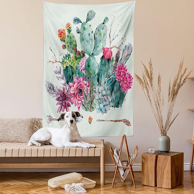 Ambesonne Cactus Tapestry, Spring Garden Boho Style Bouquet of Thorny Plants Blossoms Arrows Feathers, Wall Hanging for Bedroom Living Room Dorm Decor, 60" X 80", Rose Green Brown