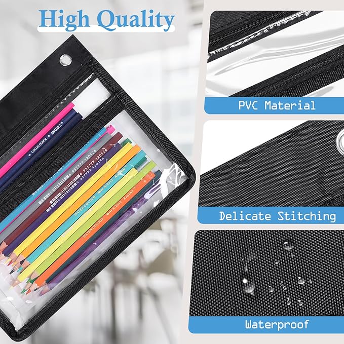 YoeeJob 6 Pack Zipper Pencil Pouches for 3 Ring Binder, 1.5 Inch Expandable with 2 Pockets and Clear Window for School and Office (Black)