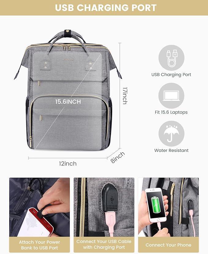 LOVEVOOK Laptop Backpack for Women, 15.6 Inch Travel Backpack with Laptop Compartment, Water Resistant Work Backpack for Teacher Nurse Doctor, Anti-theft Computer Bag with Charger, Grey