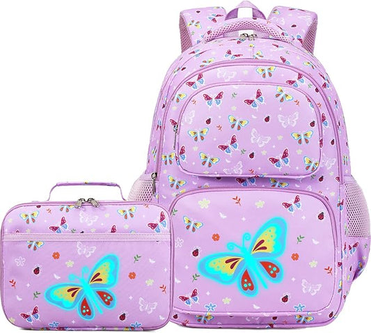 Girls Backpack with Lunch Box Glow in Dark Butterfly Bookbag Teens Ages 4-12 Kindergarten Elementary Middle School Butterfly Backpack, Luminous Butterfly Purple