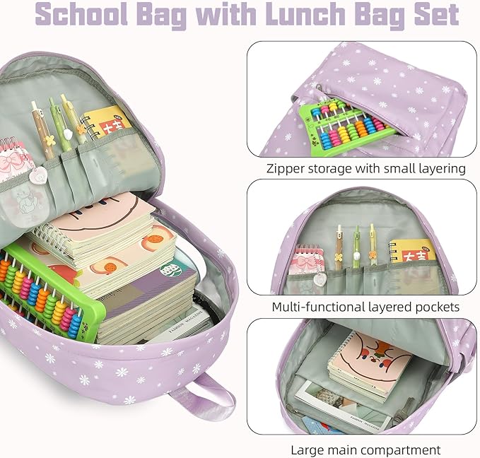Flowers School Backpack for Girls, 3PCS Bookbags Set with Lunch Box Pencil Pouch Elementary Middle School Bag Laptop Back Packs (Daisy Purple)