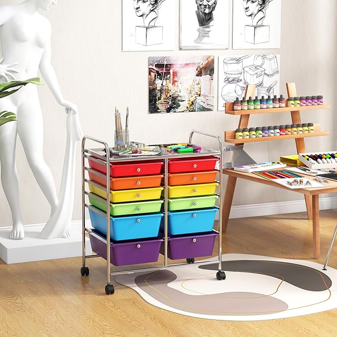 COSTWAY 12-Drawer Rolling Storage Cart, Moveable Art Craft Organizer W/Lockable Wheels, Metal Shelf, Files Arrangement Tools Makeup Storage Cart for Office, Home, School (Multi-Color)
