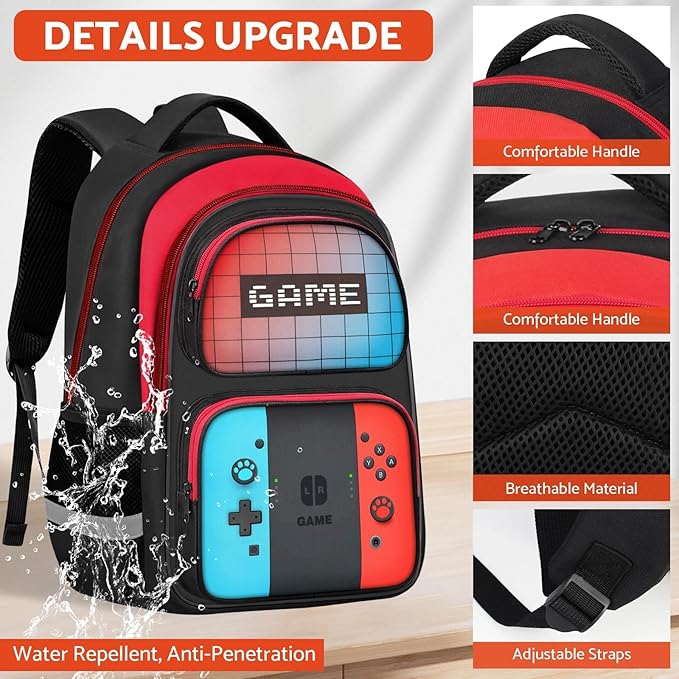 School Backpack for Boys - 3pcs Gamer Boys Backpack with Lunch Box and Pencil Case for Kids Children Teens Elementary Middle School - HFHTDC Video Game Bookbag 17″ Large Capacity