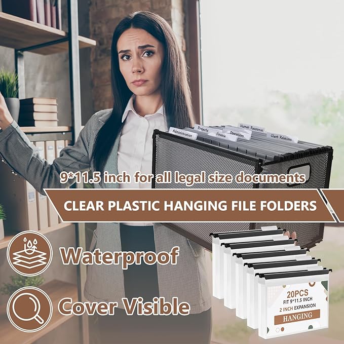 20 Pcs Extra Capacity Plastic Hanging File Folder Letter Size File Folder Reinforced Tabs with Heavy Duty 2 Inch Expansion and Black Insert Gasket for Filing Cabinet Durable Hang Folders (2 INCH, 20)