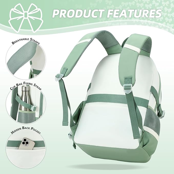 School Backpack for Girls 3PCS Nylon Kids Backpack Set with Lunch Box & Pencil Pouch, Cute Lightweight Teen Girls School Bag Laptop Bag Travel Daypack for Elementary Middle High School Beige Green