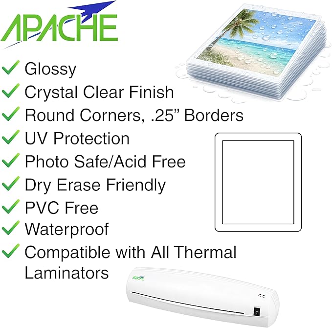 Apache 25 Pack Laminating Pouches 3 mil, Holds 8.5 x 11 Inch Letter Size (9 x 11.5 Inch Sheets), Office and School Supplies, Thermal Laminating Sheets, Super Clear, Round Corner