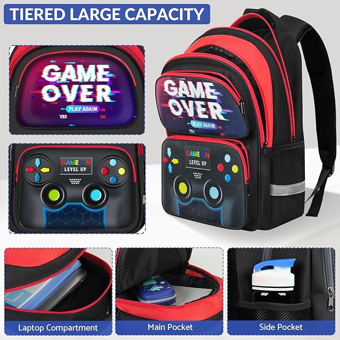 School Backpack for Boys - Gamer Boys Backpack for Kids Children Teens Elementary Middle School - 17″ Video Game Bookbag Travel Back Pack for Age 6-18