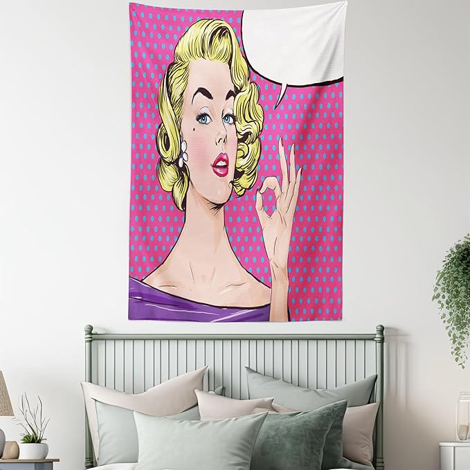 Ambesonne Vintage Tapestry Queen Size, Pop Art Blonde Woman Making OK Sign on Dotted Background Retro Comic Book Design, Wall Hanging Bedspread Bed Cover Wall Decor, 88" X 88", Pink Blue