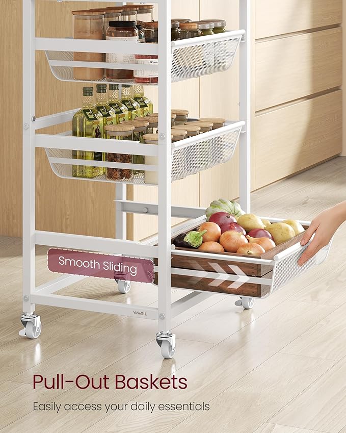 VASAGLE Kitchen Storage Cart with Pull-Out Baskets, 5-Tier Rolling Utility Cart with Wheels for Snacks, Handle, 12.5 x 15.8 x 37.4 Inches, Golden Oak and Matte White ULRC041YA01