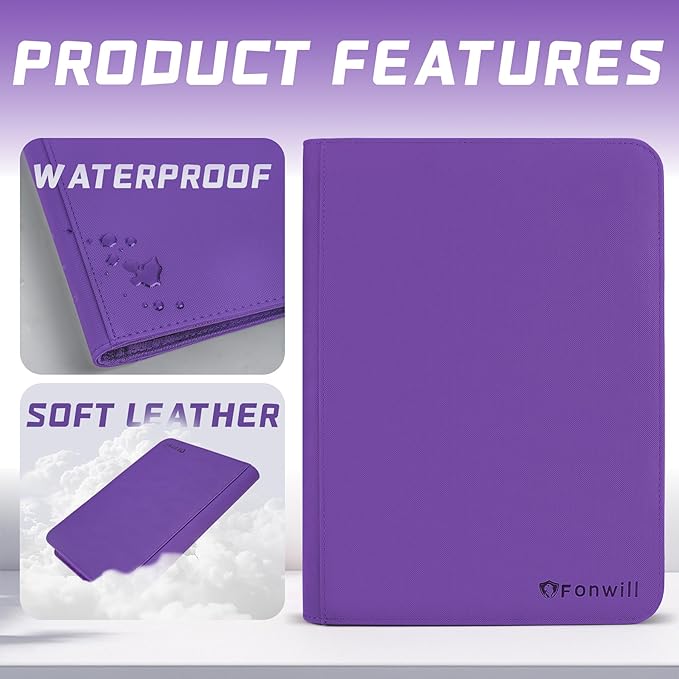 9 Pocket Card Binder,360 Pockets Trading Card Holder Book, Premium PU Cover Zip Folder Binder,Side Loading Carrying Case Binder Album for TCG,MTG,Sports Cards,Game Cards (Purple)