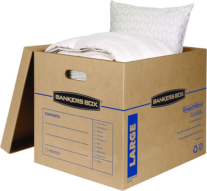 Bankers Box Classic Moving Box 10 Pack Kit, Reinforced Handles, Tape-Free Assembly, Box with Lid, 8 Small and 2 Medium Boxes (8816901)